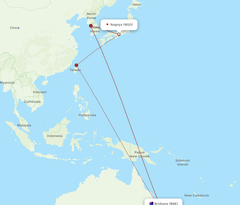 NGO to BNE flights and routes map
