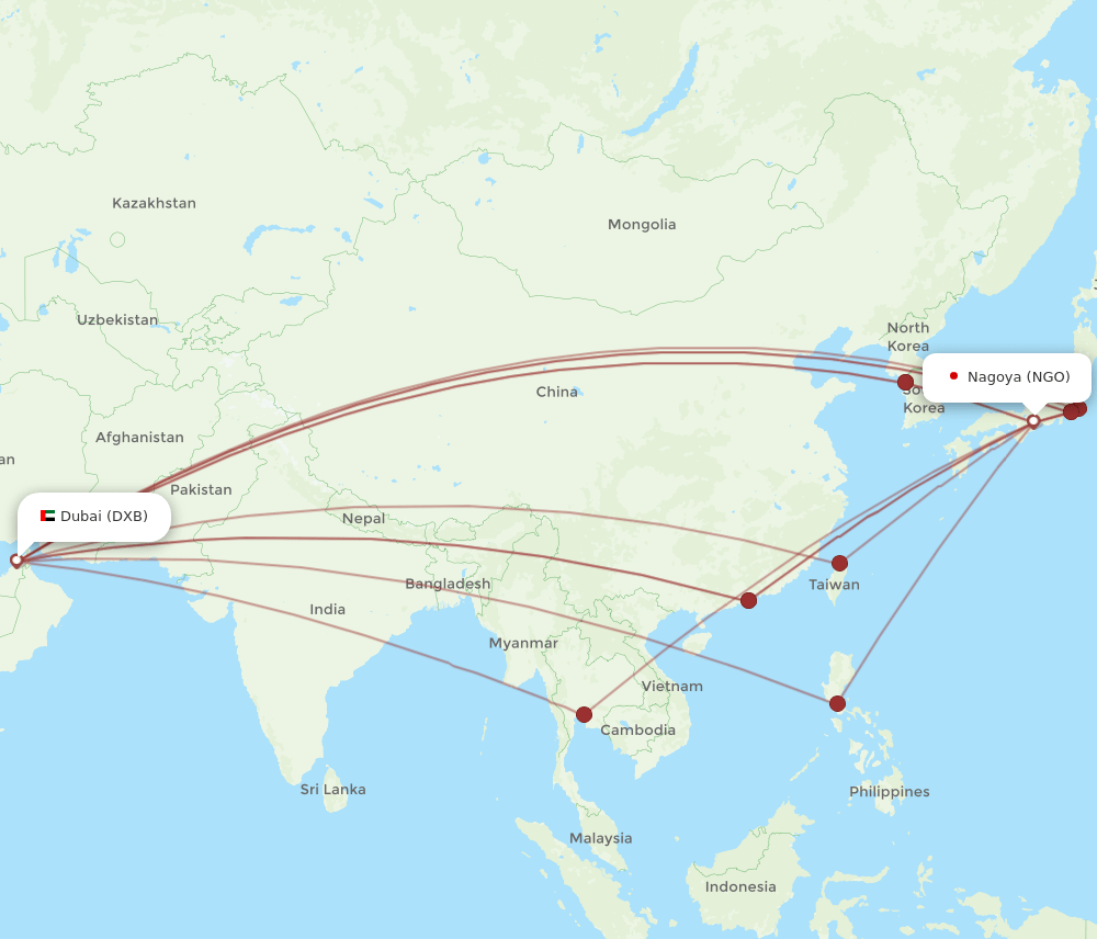 NGO to DXB flights and routes map