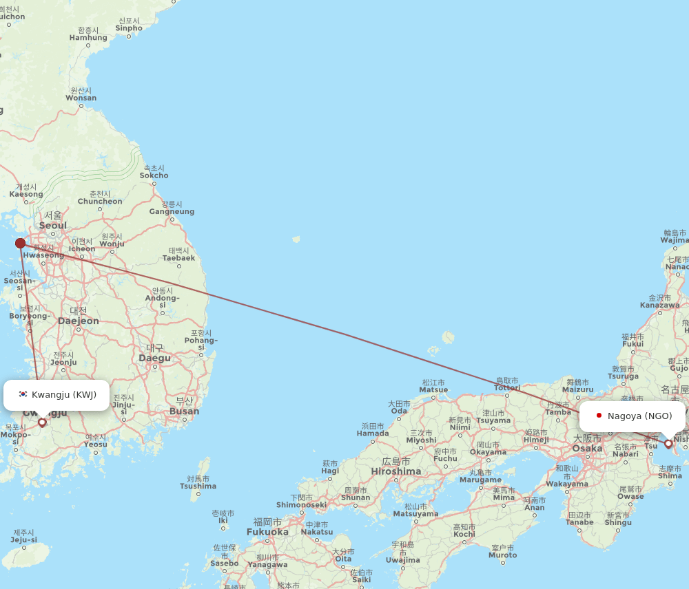 Gwangju - Nagoya route map and flight paths
