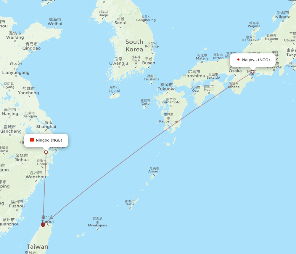 Ningbo - Nagoya route map and flight paths
