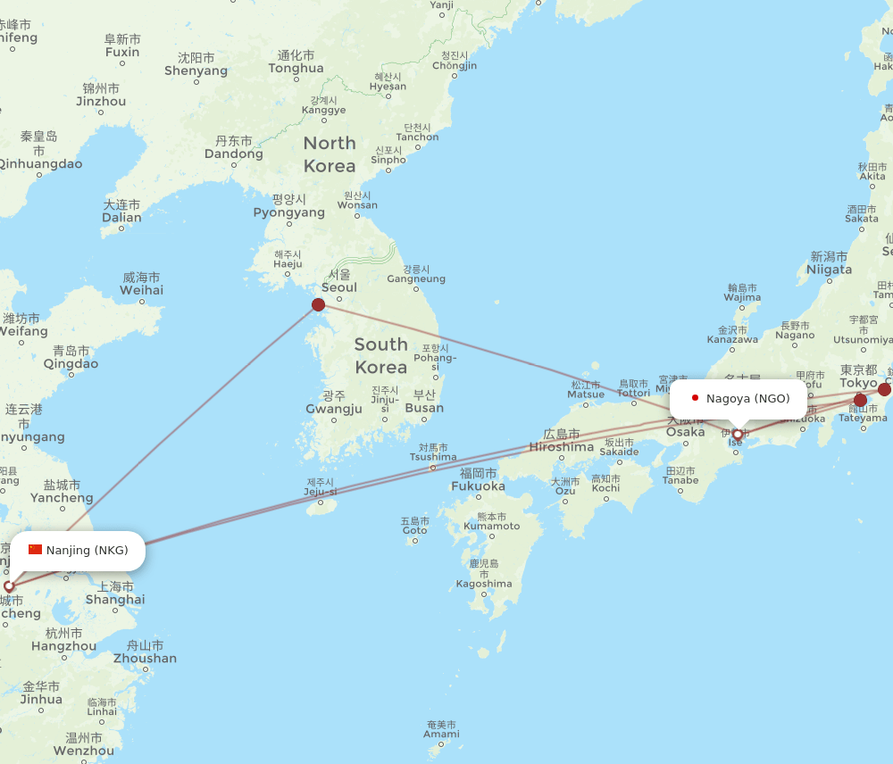NGO to NKG flights and routes map