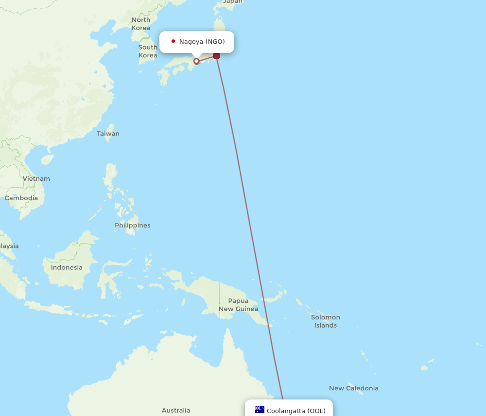 Nagoya - Coolangatta (Gold Coast) route map and flight paths