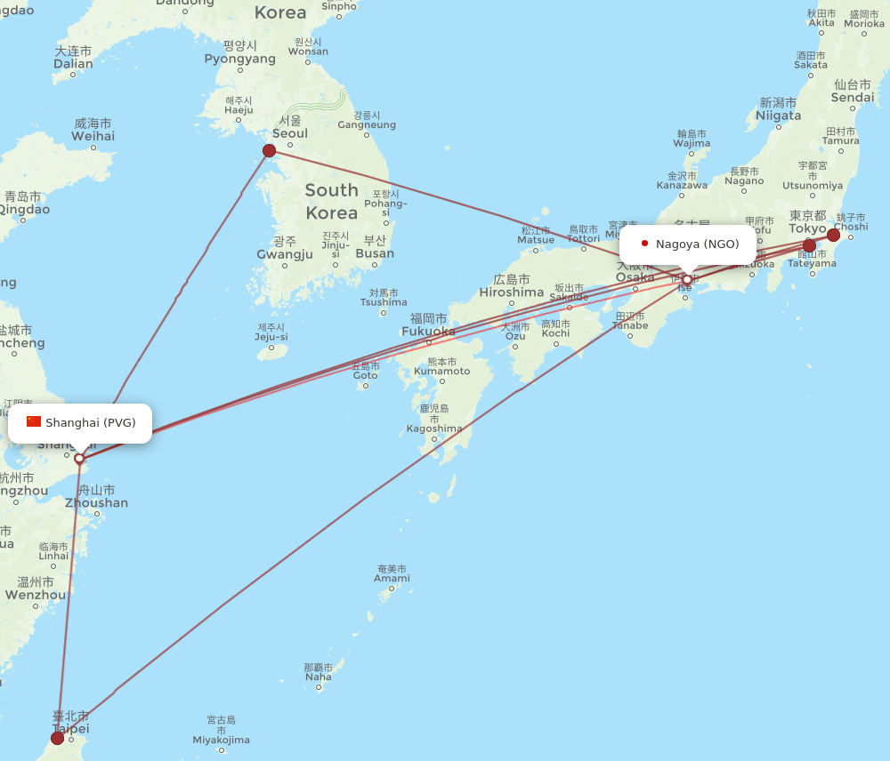 NGO to PVG flights and routes map