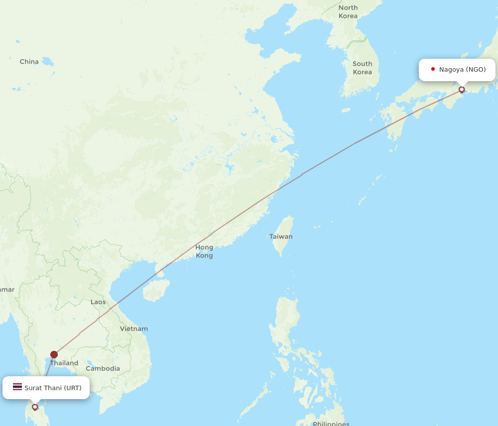 Nagoya - Surat Thani route map and flight paths