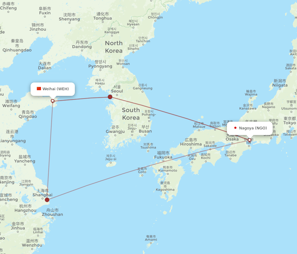 NGO to WEH flights and routes map