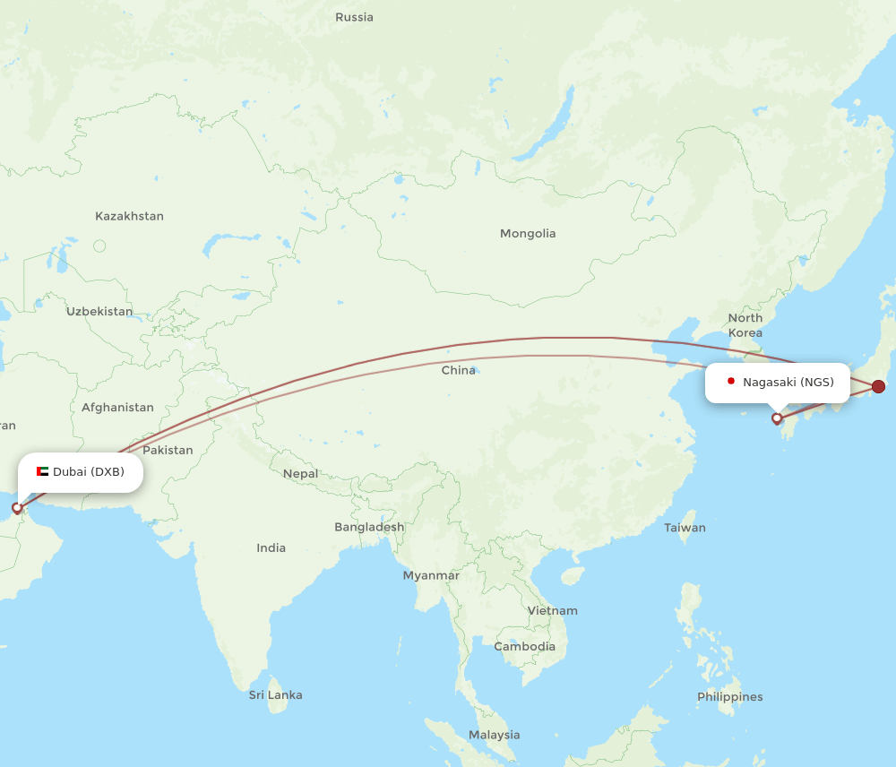 Dubai - Nagasaki route map and flight paths
