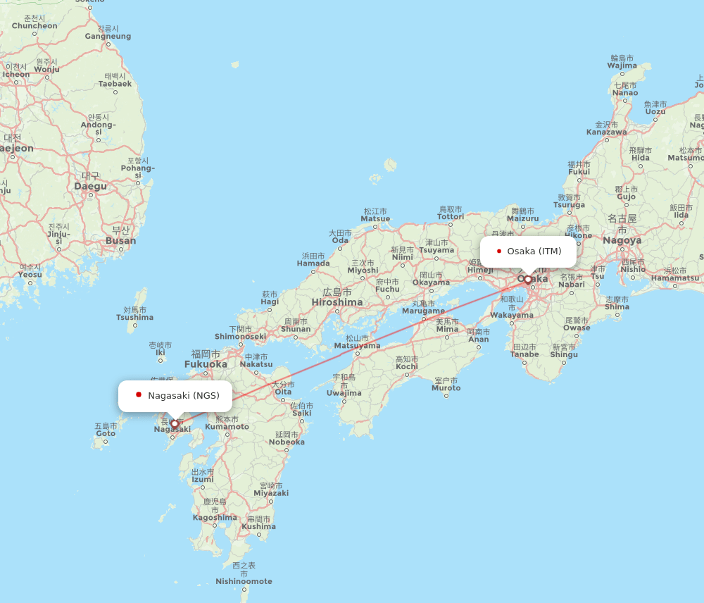 Nagasaki - Osaka route map and flight paths