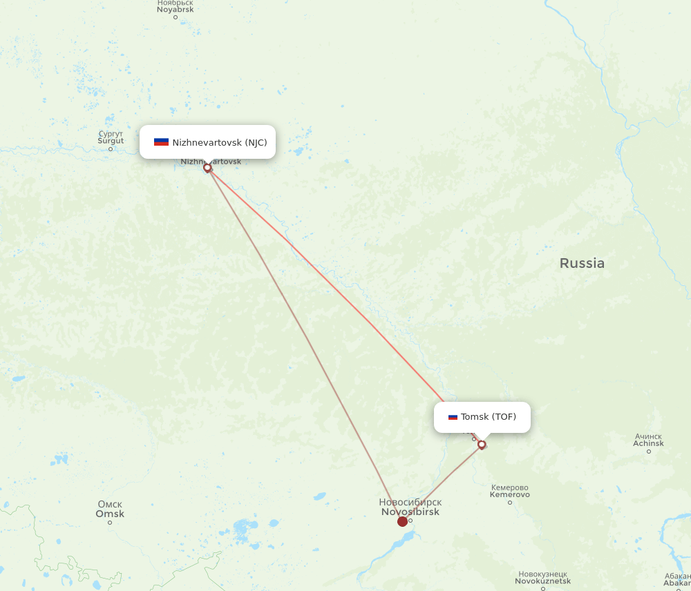 Tomsk - Nizhnevartovsk route map and flight paths
