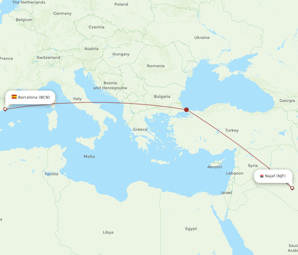 NJF to BCN flights and routes map