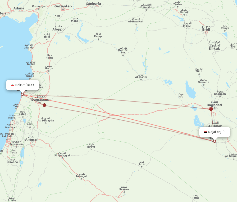 Al-Najaf - Beirut route map and flight paths