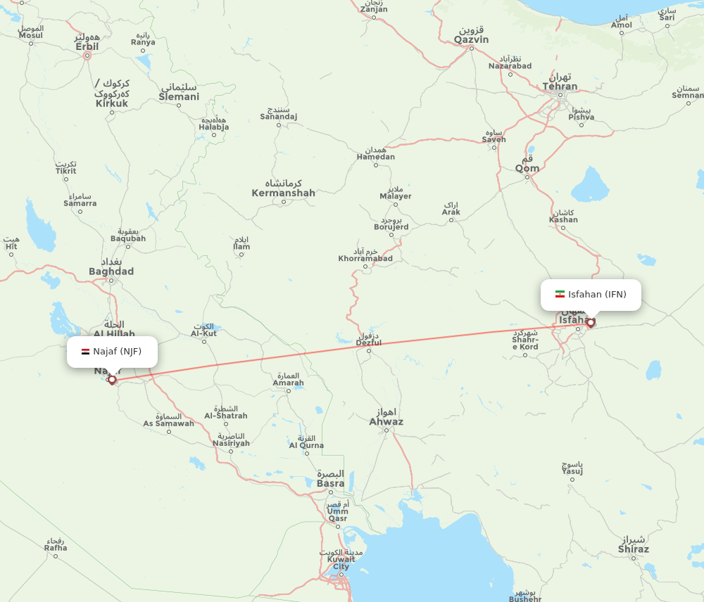 Al-Najaf - Isfahan route map and flight paths