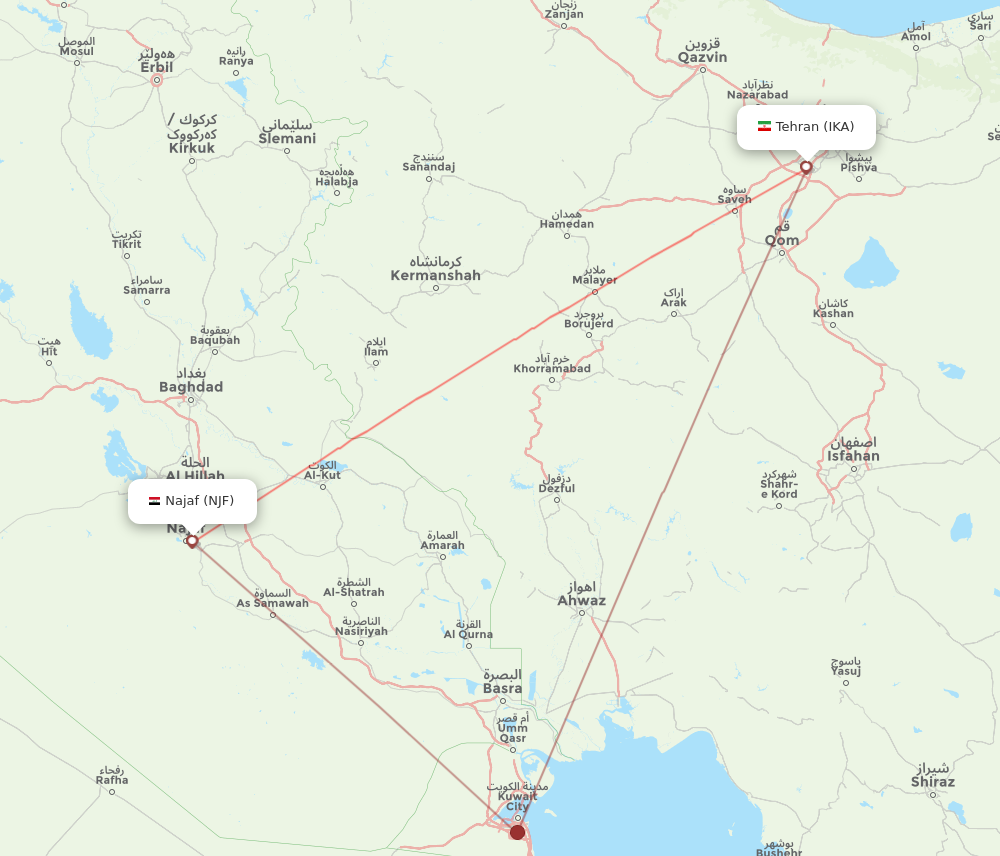 NJF to IKA flights and routes map