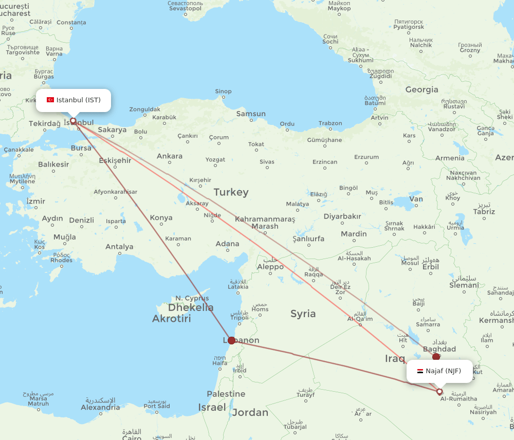 NJF to IST flights and routes map