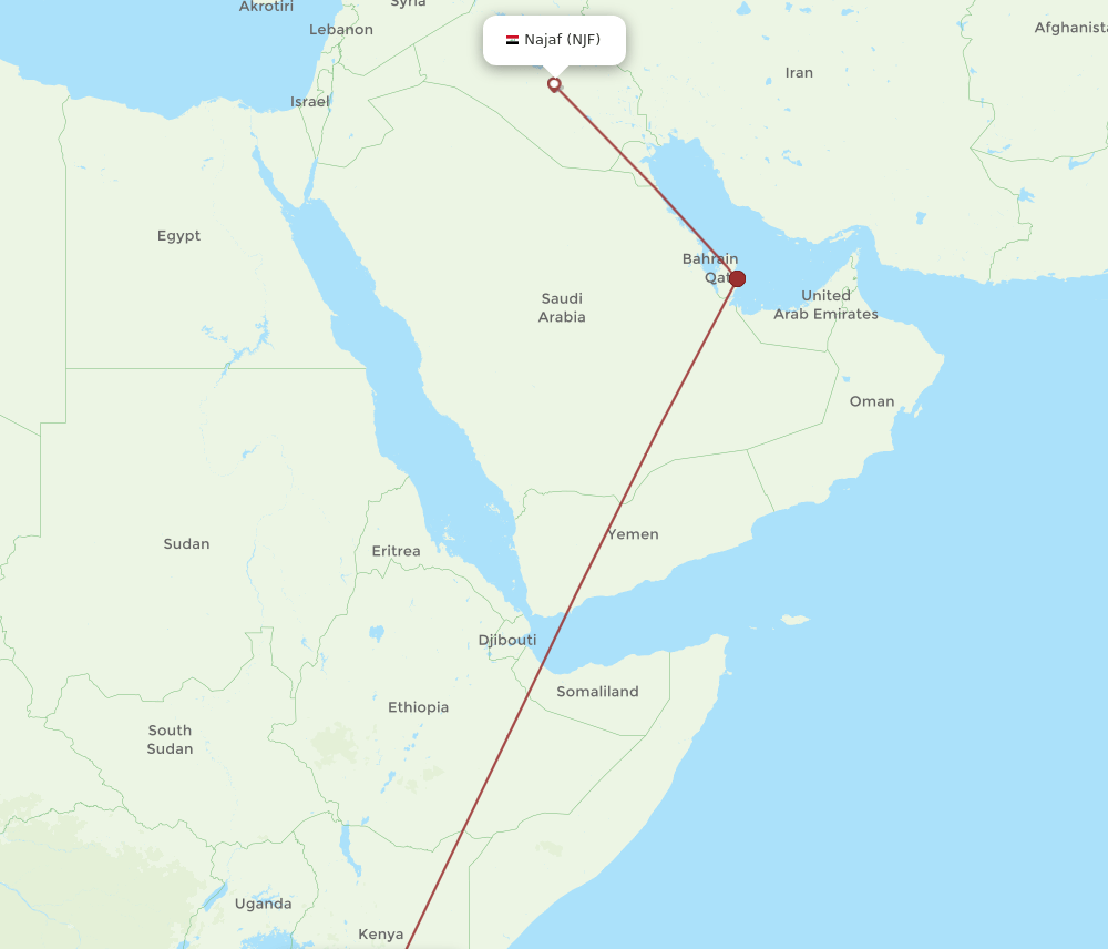 Kilimanjaro - Al-Najaf route map and flight paths