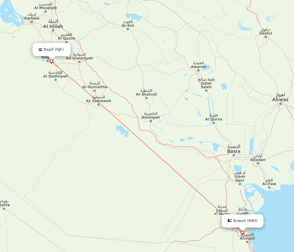 Al-Najaf - Kuwait route map and flight paths