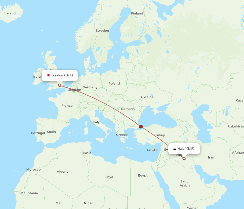 NJF to LHR flights and routes map