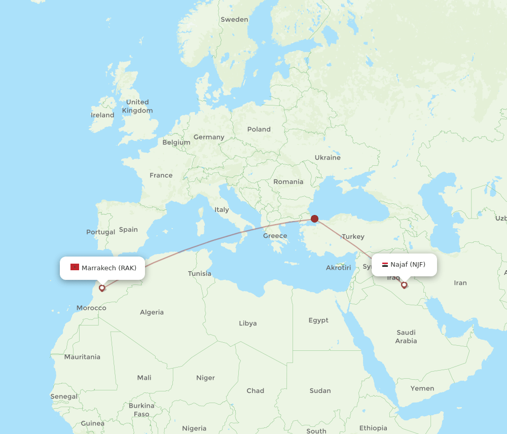 NJF to RAK flights and routes map