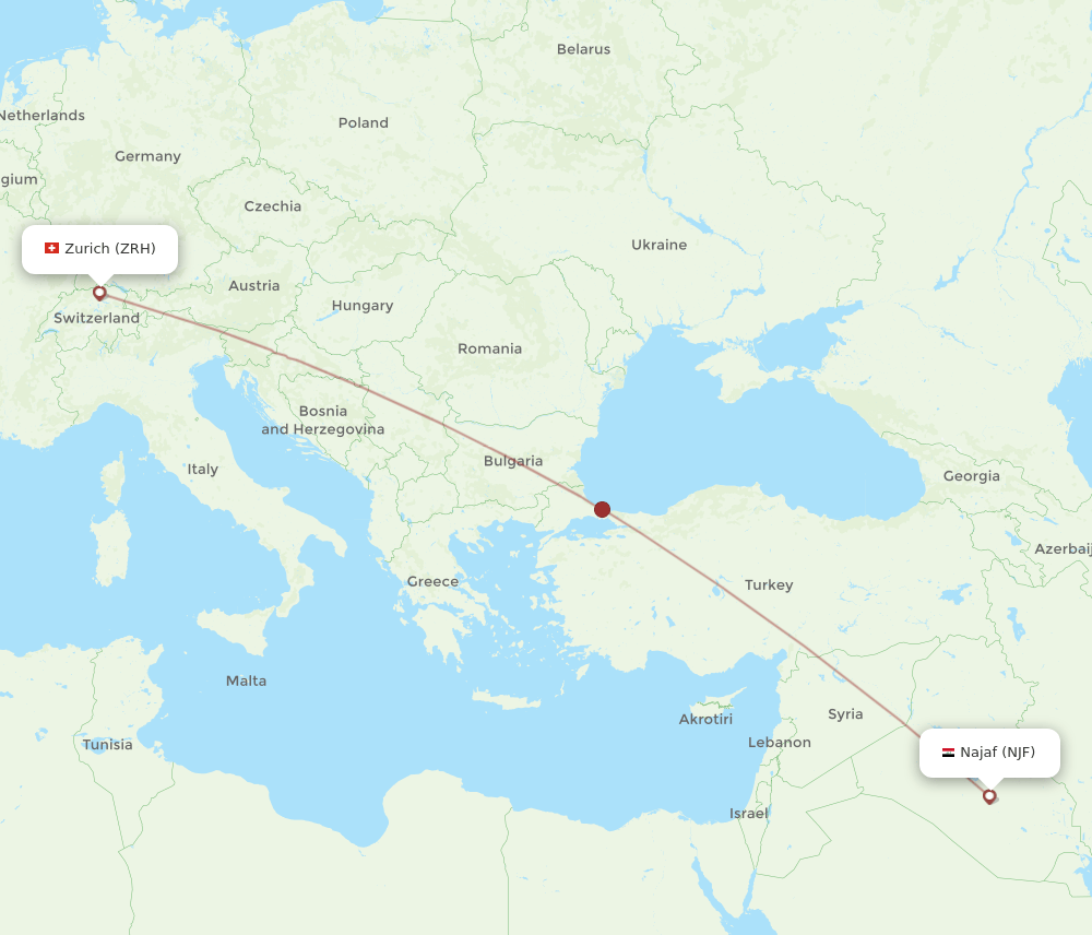 Zurich - Al-Najaf route map and flight paths