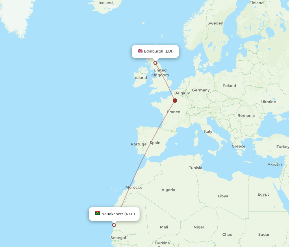 Edinburgh - Nouakchott route map and flight paths