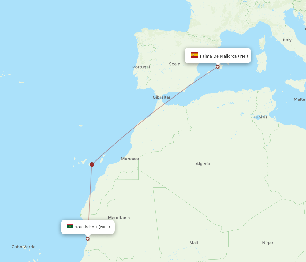 Palma de Mallorca - Nouakchott route map and flight paths