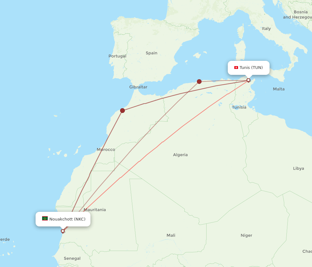 NKC to TUN flights and routes map