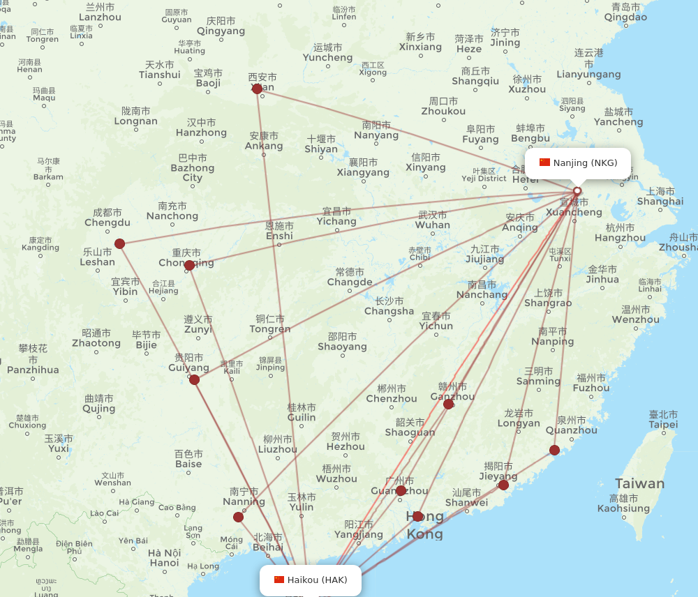 NKG to HAK flights and routes map