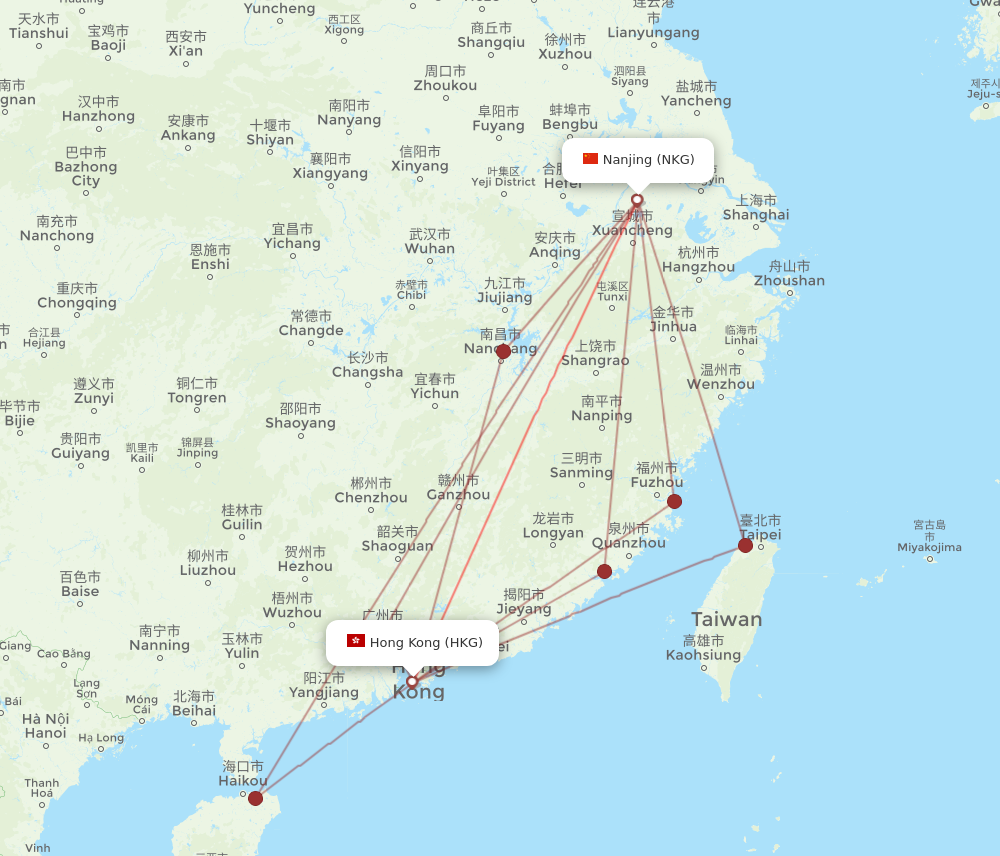 NKG to HKG flights and routes map