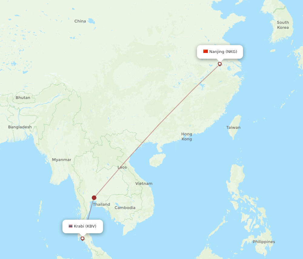 Nanjing - Krabi route map and flight paths