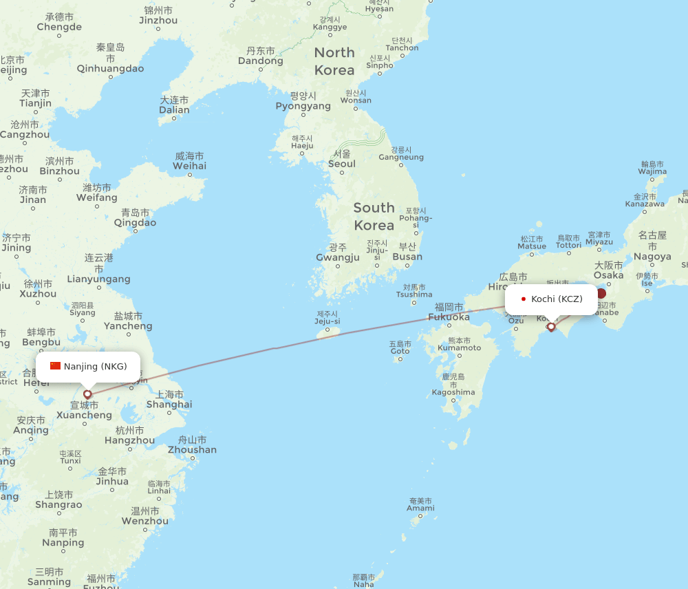Kochi - Nanjing route map and flight paths