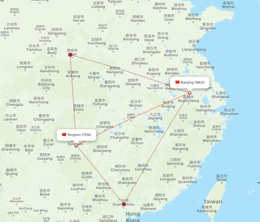 TEN to NKG flights and routes map