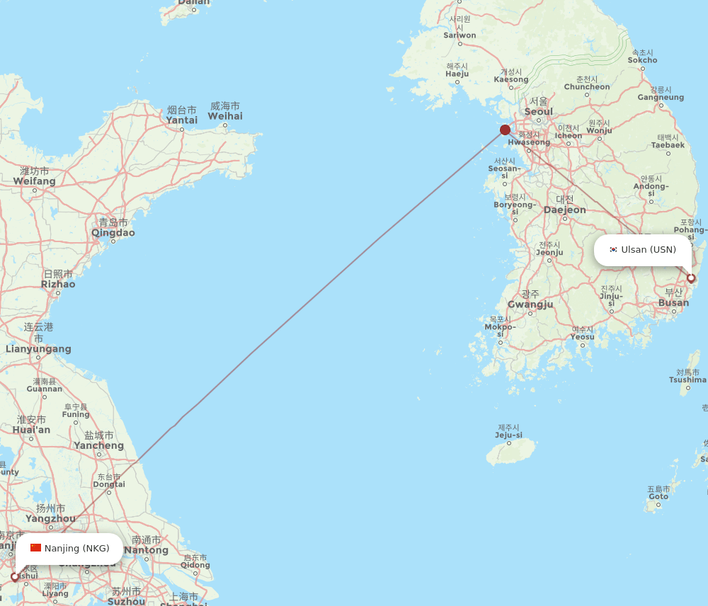 Nanjing - Ulsan route map and flight paths