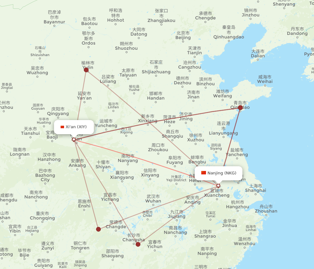 NKG to XIY flights and routes map