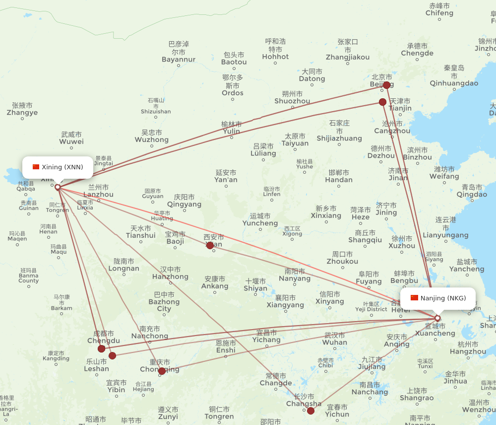 NKG to XNN flights and routes map