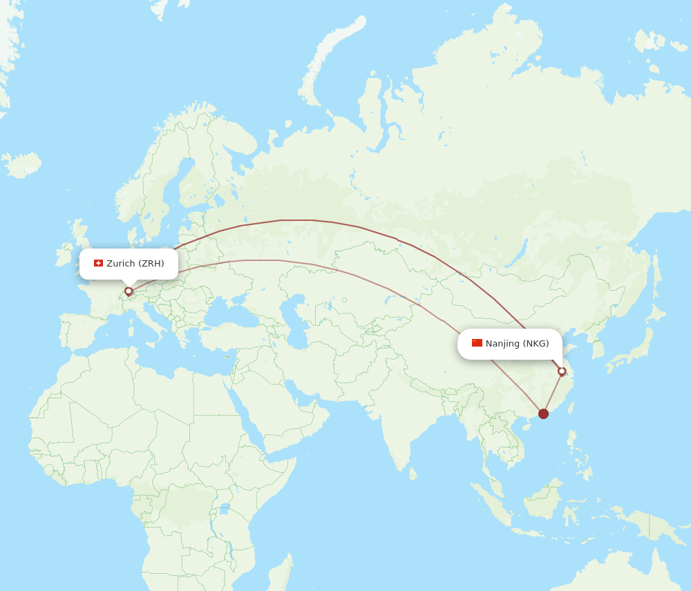 Zurich - Nanjing route map and flight paths