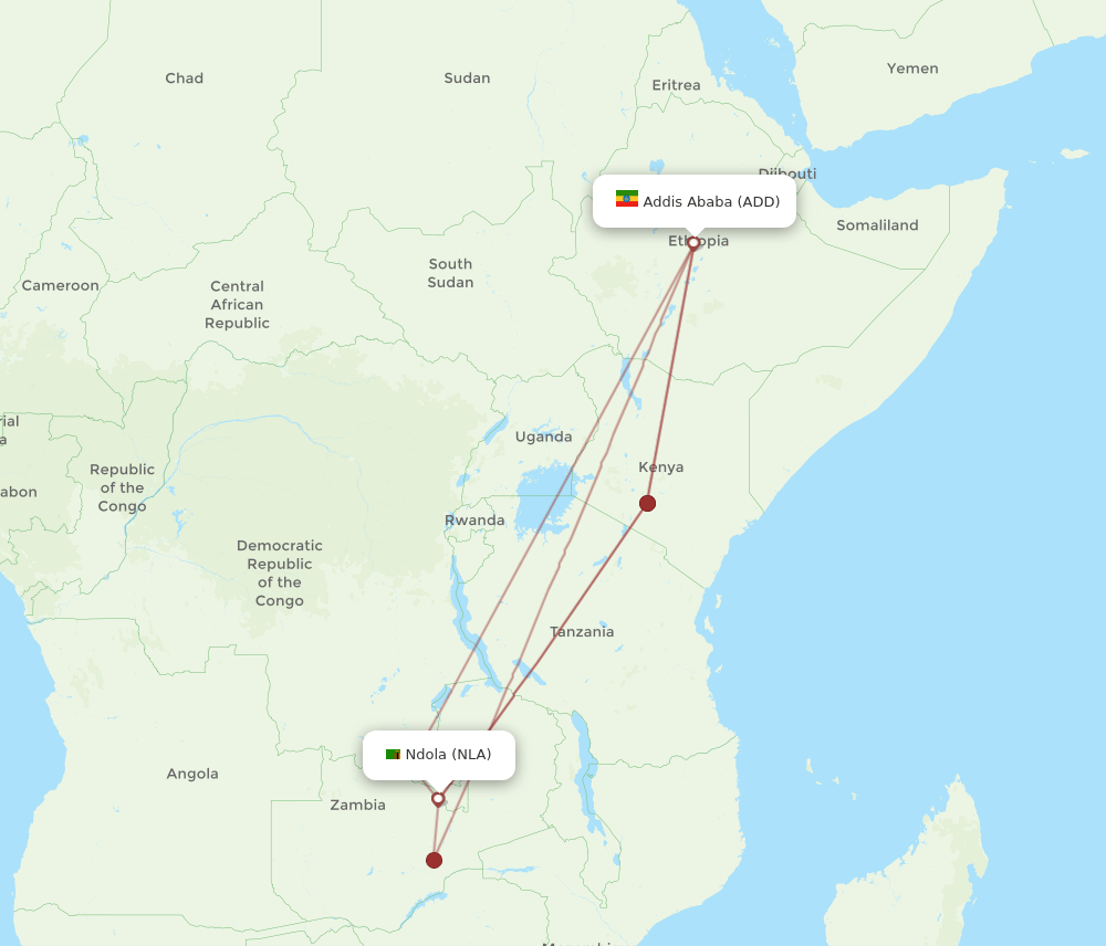 NLA to ADD flights and routes map