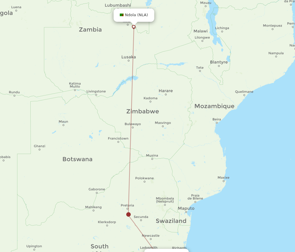 NLA to DUR flights and routes map