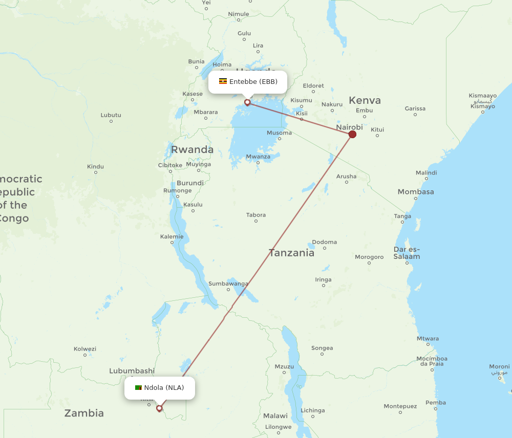 NLA to EBB flights and routes map