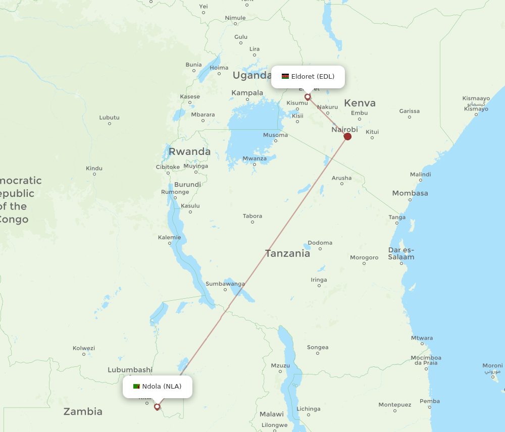 Eldoret - Ndola route map and flight paths