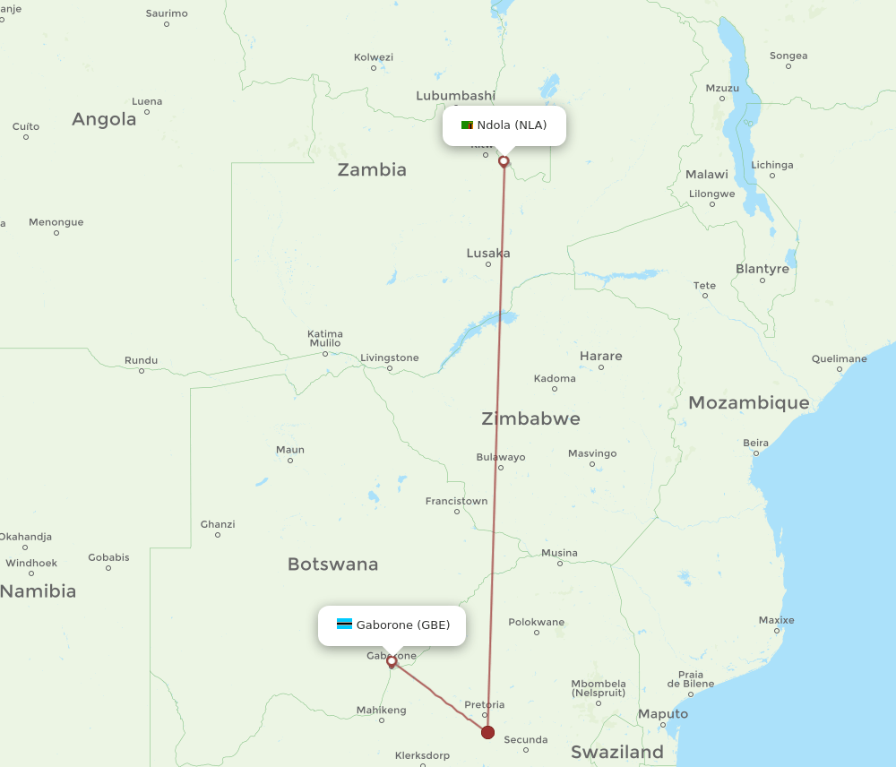 NLA to GBE flights and routes map
