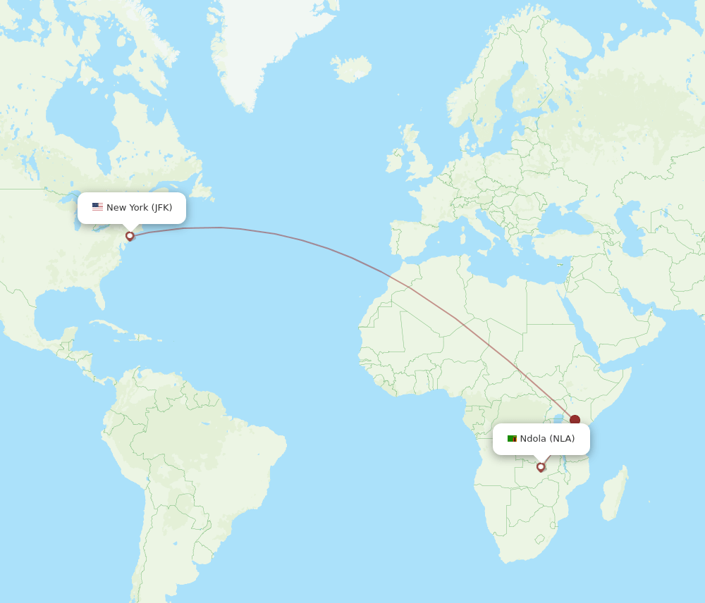 New York - Ndola route map and flight paths