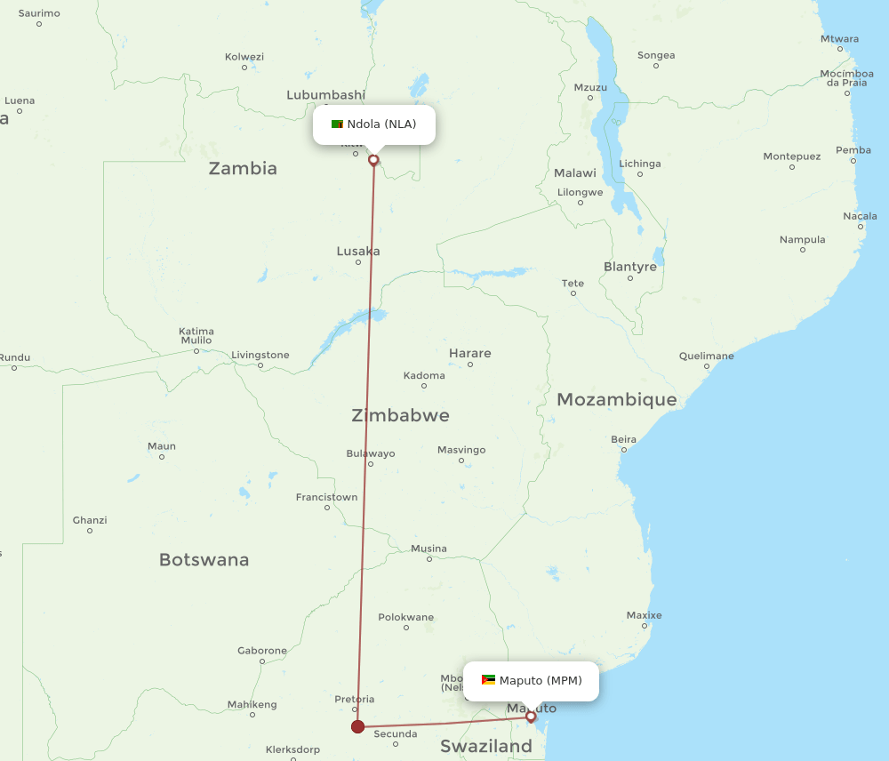 NLA to MPM flights and routes map