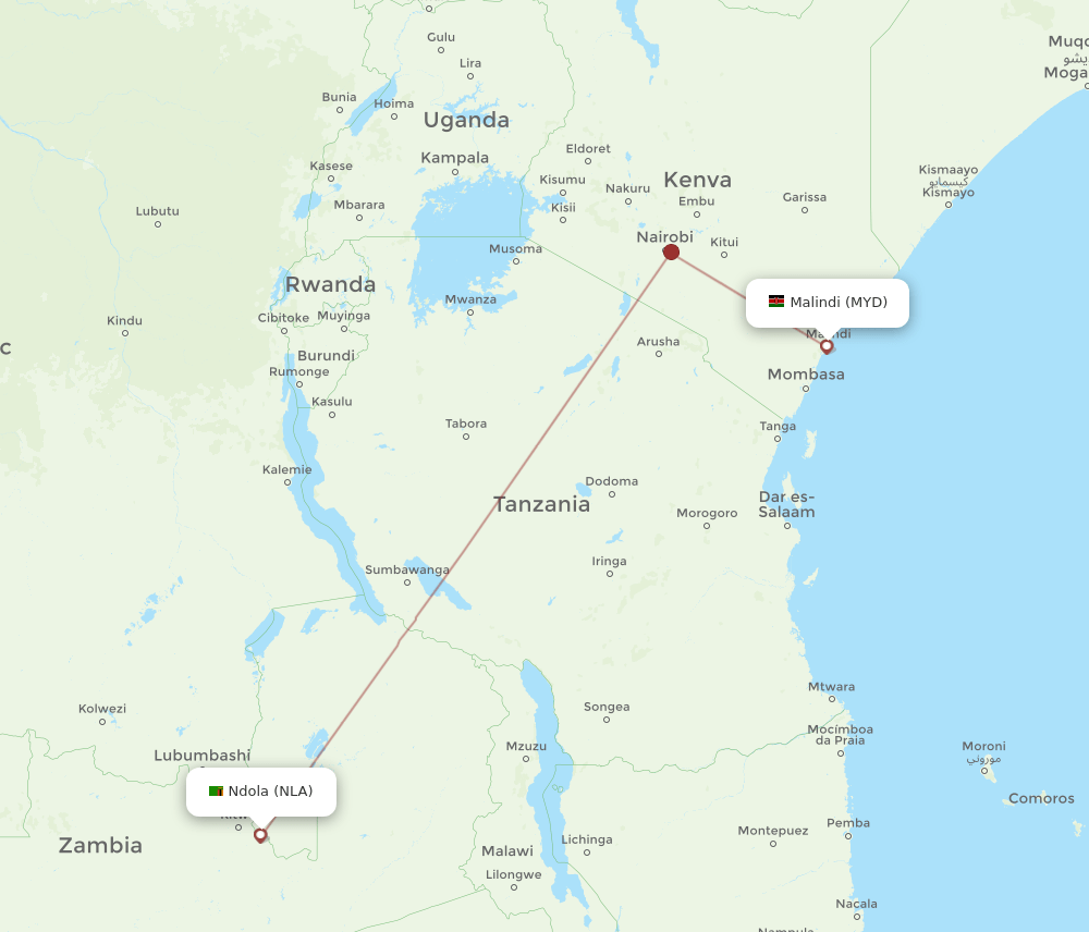 NLA-MYD flight routes