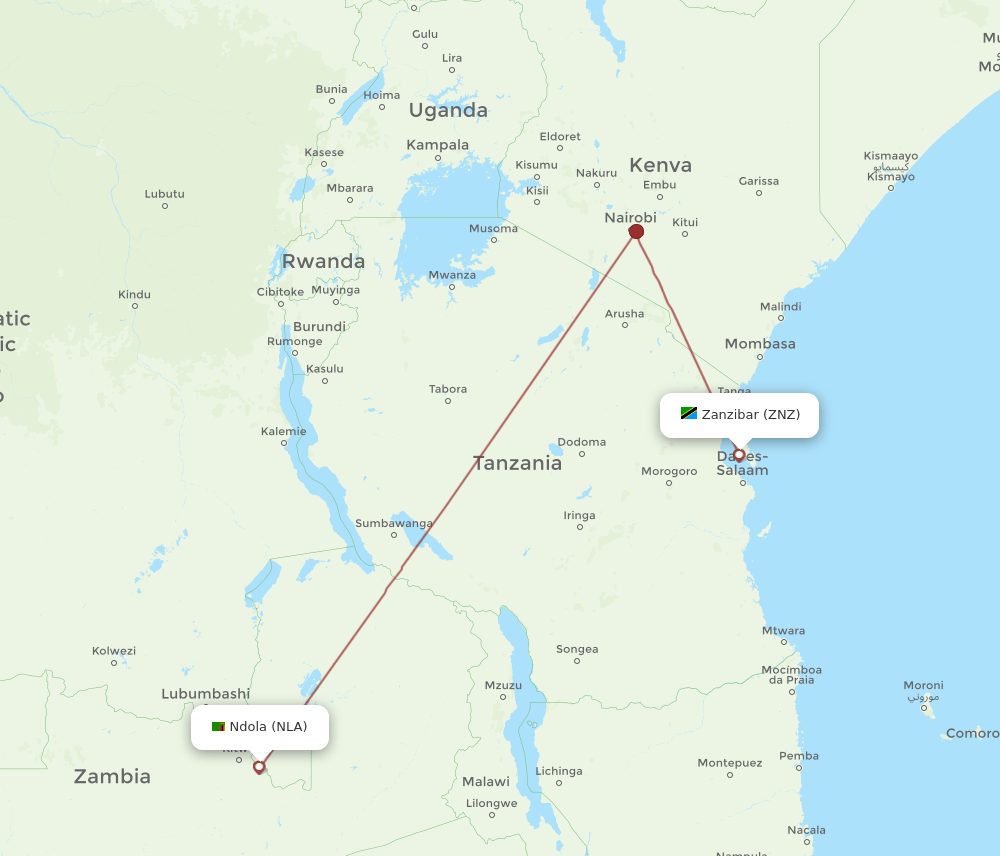 NLA-ZNZ flight routes