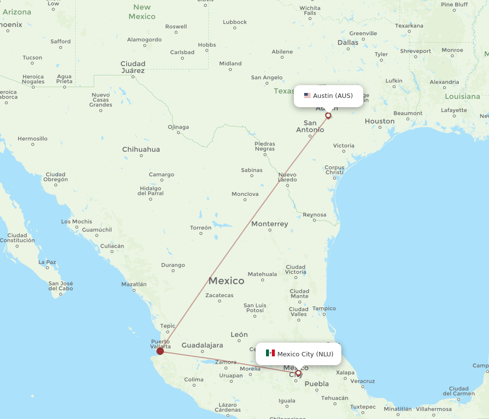 NLU to AUS flights and routes map