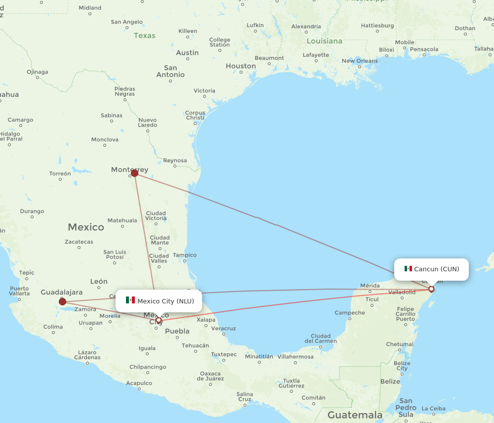 NLU to CUN flights and routes map