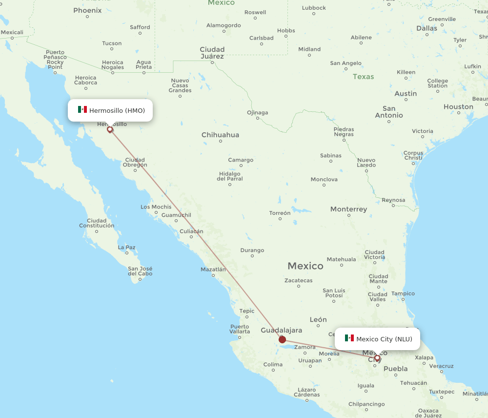 Hermosillo - Mexico City route map and flight paths