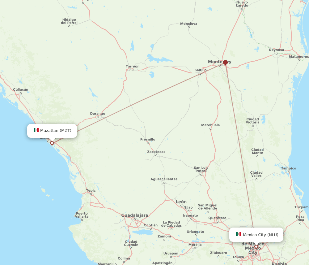 Mazatlan - Mexico City route map and flight paths
