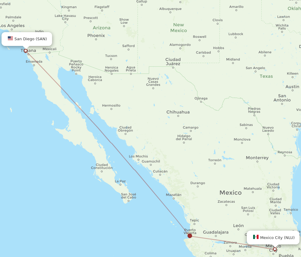 Mexico City - San Diego route map and flight paths
