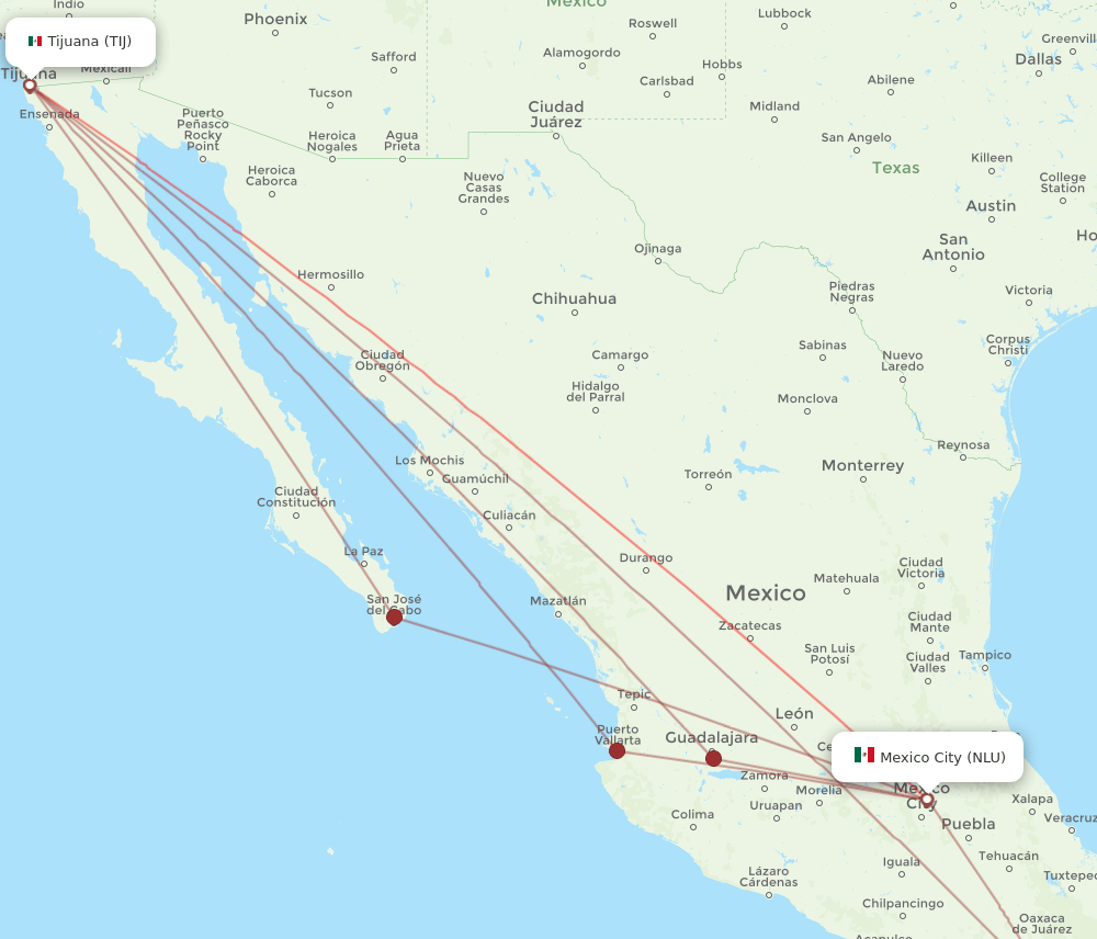 NLU to TIJ flights and routes map