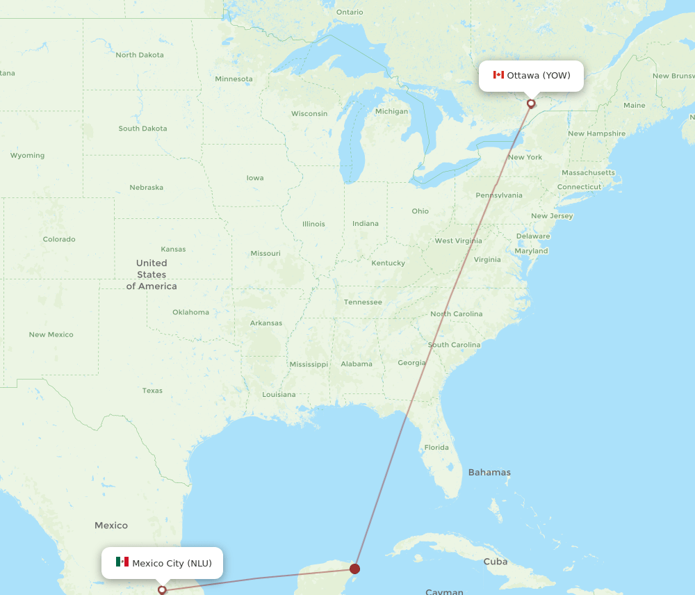 Ottawa - Mexico City route map and flight paths